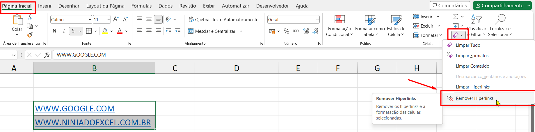Remover Hiperlinks no Excel, outro método
