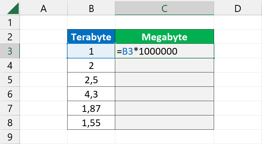 Converter Terabyte em Megabyte, multiplicação