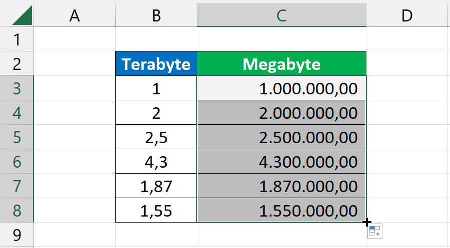 Converter Terabyte em Megabyte, resultado
