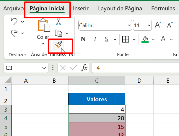 Formatação Condicional no Excel, pincel