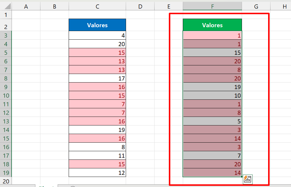Formatação Condicional no Excel, resultado