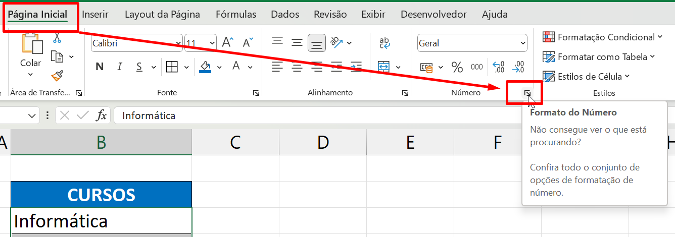 Formatação Personalizada no Excel, guia página inicial