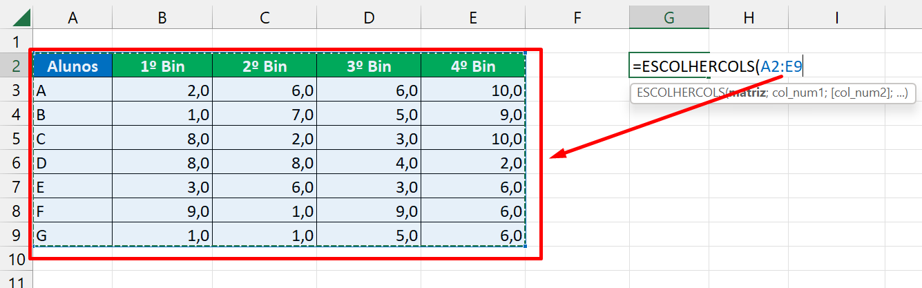Função ESCOLHERCOLS no Excel, matriz