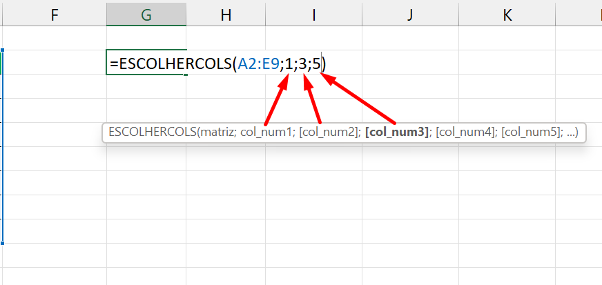 Função ESCOLHERCOLS no Excel, número da coluna