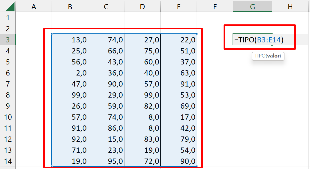 Função TIPO no Excel, intervalo