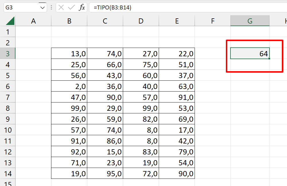 Função TIPO no Excel, resultado 2