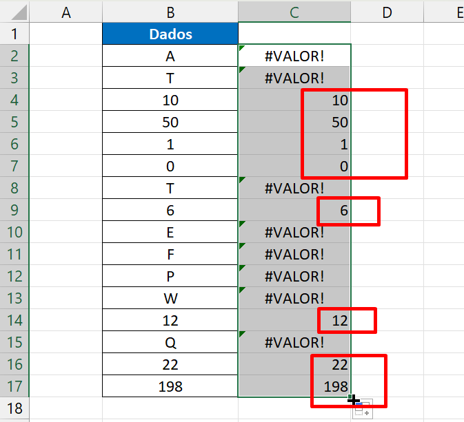 Identificar Números no Excel, resultado do cálculo