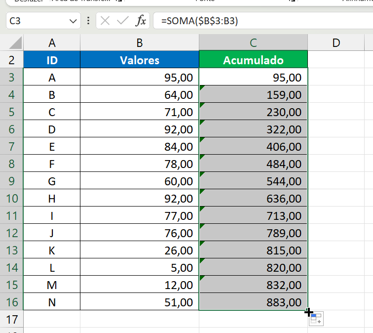 Acumulado no Excel, resultado da função soma