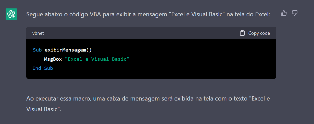 ChatGPT com VBA, código