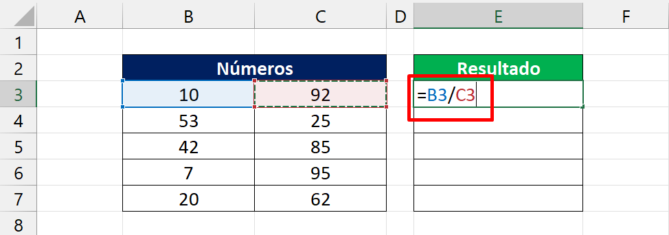 Divisão no Excel, fórmula