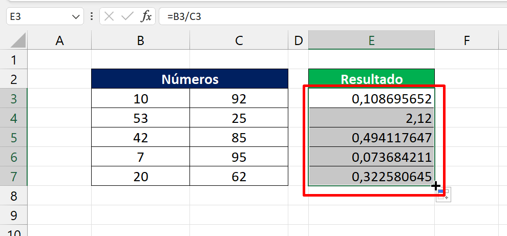 Divisão no Excel, resultado da divisão