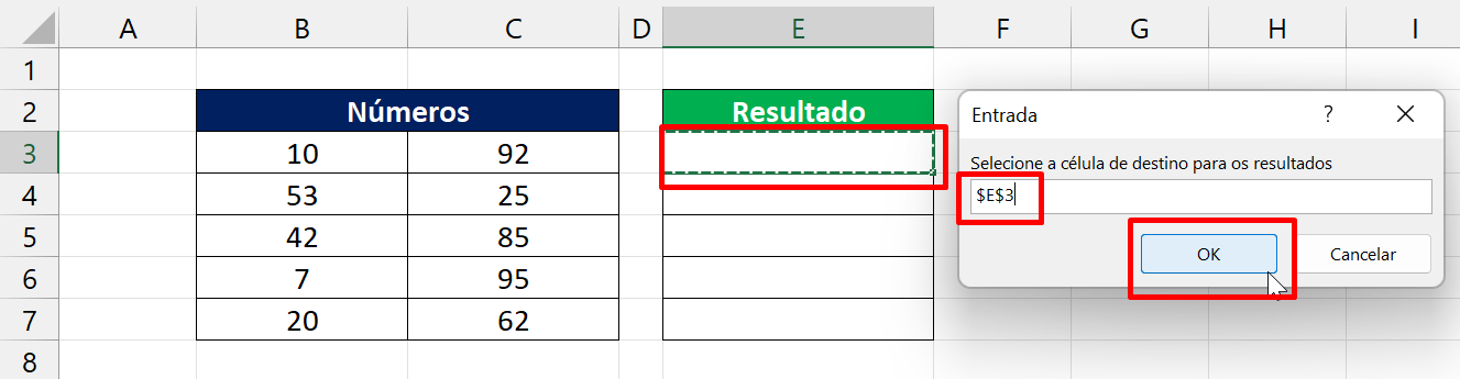 Divisão no Excel, seleção de célula