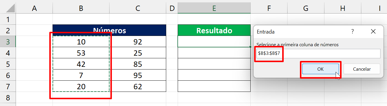 Divisão no Excel, selecionar primeira coluna