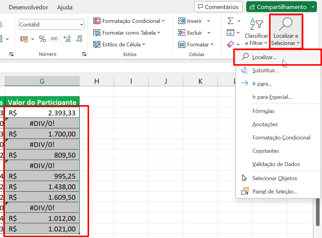Erro #DIV0! no Excel, localizar