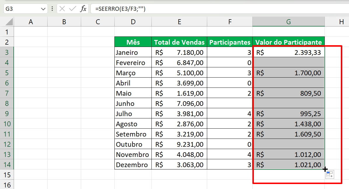 Erro #DIV0! no Excel, resultado 1