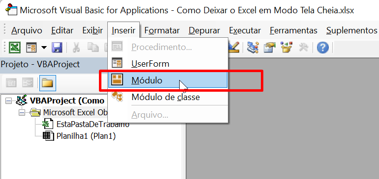 Excel em Modo Tela Cheia, criar módulo vba