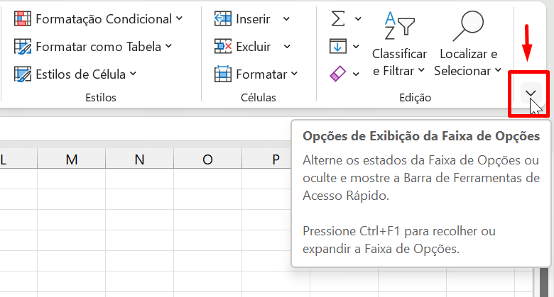 Faixa de Opções no Excel, seta