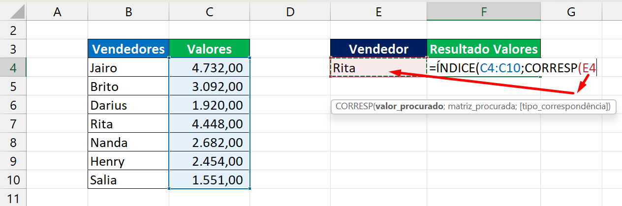 ÍNDICE e CORRESP no Excel, célula indicada