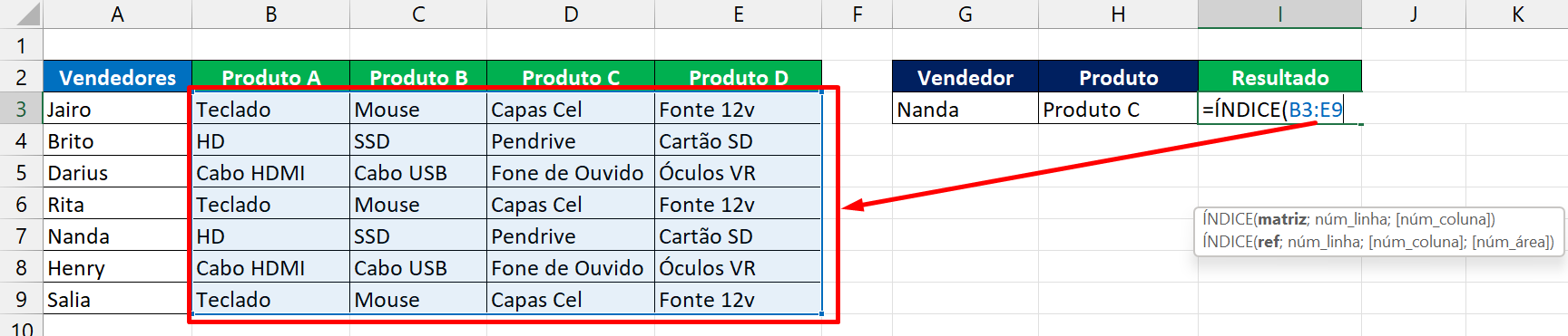 ÍNDICE e CORRESP no Excel, intervalo