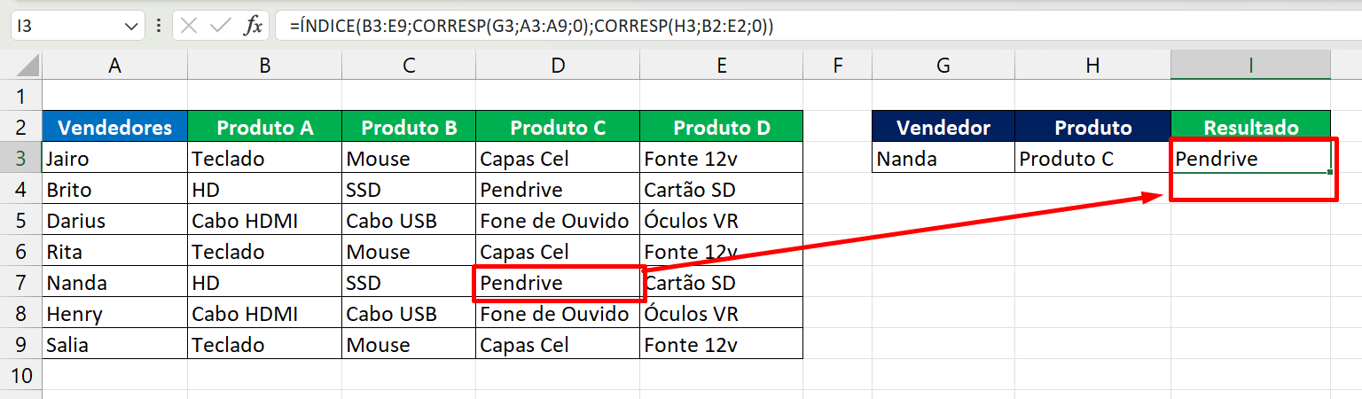 ÍNDICE e CORRESP no Excel, resultado em linhas e colunas
