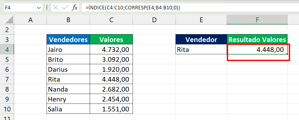 ÍNDICE e CORRESP no Excel, resultado em linhas