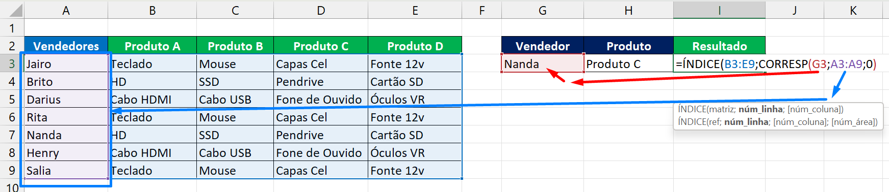 ÍNDICE e CORRESP no Excel, seleção da coluna