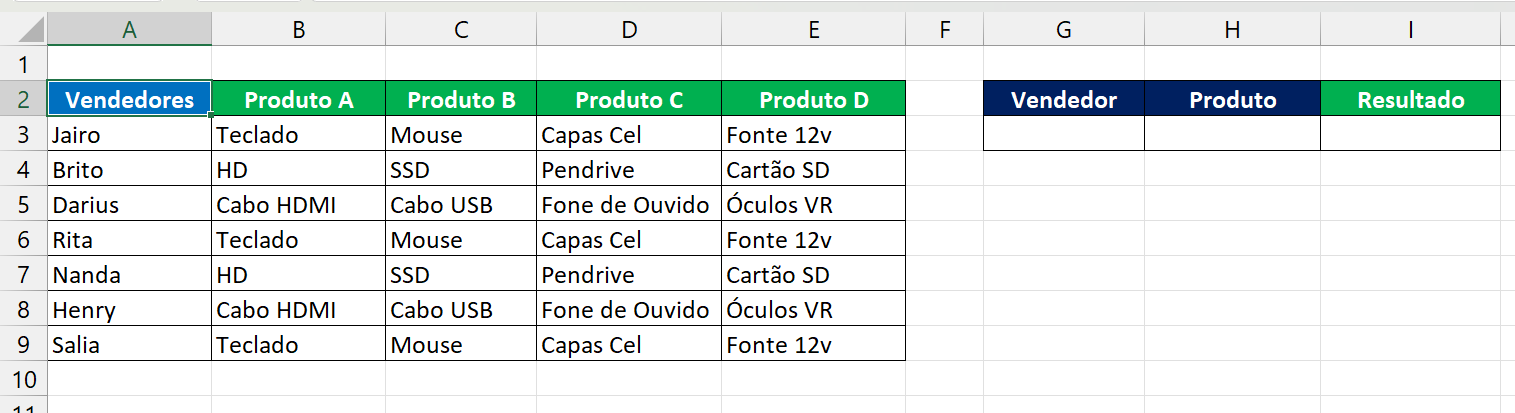 ÍNDICE e CORRESP no Excel, tabela