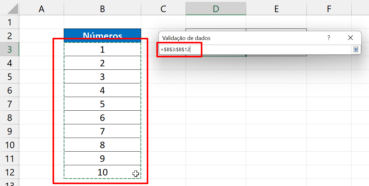 Lista Suspensa no Excel, intervalo