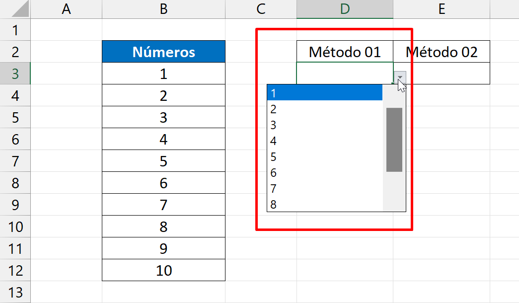 Lista Suspensa no Excel, resultado validação de dados