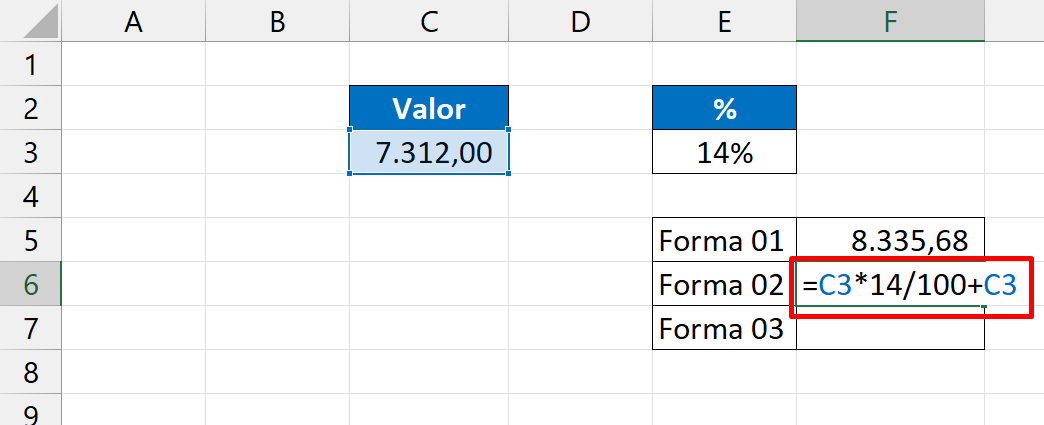 Porcentagem no Excel, forma 2