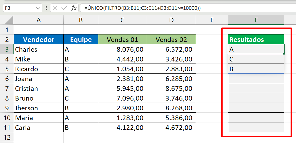 Várias Funções no Excel, resultado