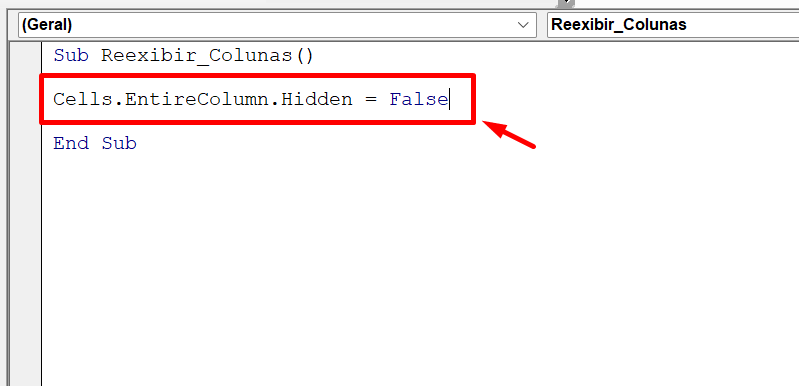 Colunas Ocultas no Excel, código