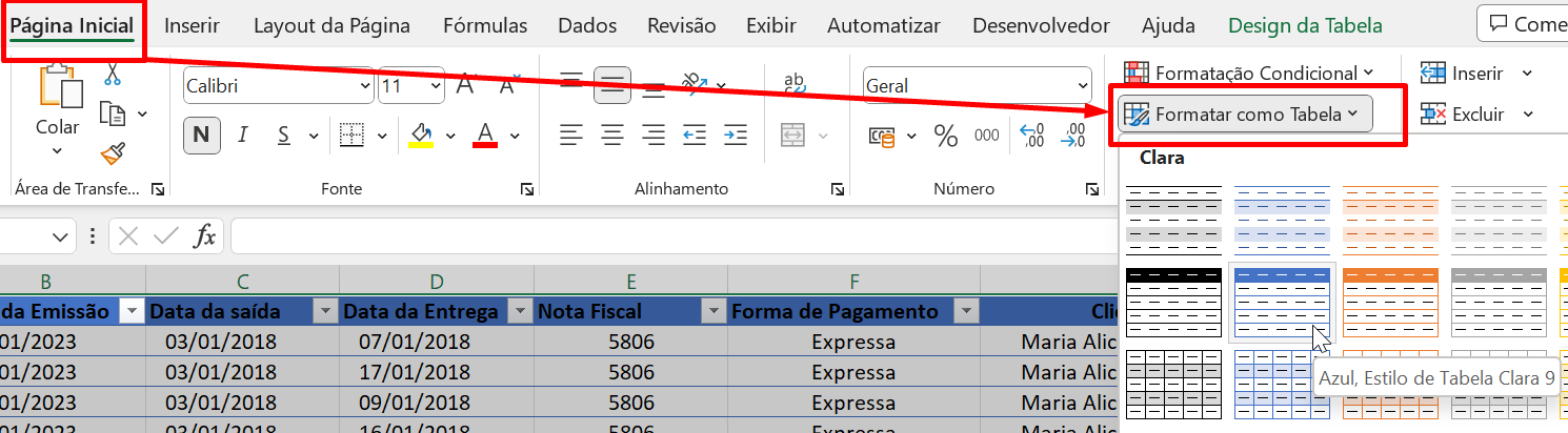 Tabela Dinâmica no Excel, formatação como tabela