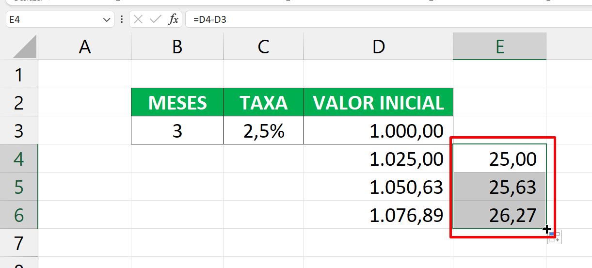 tabela com calculos destes juros