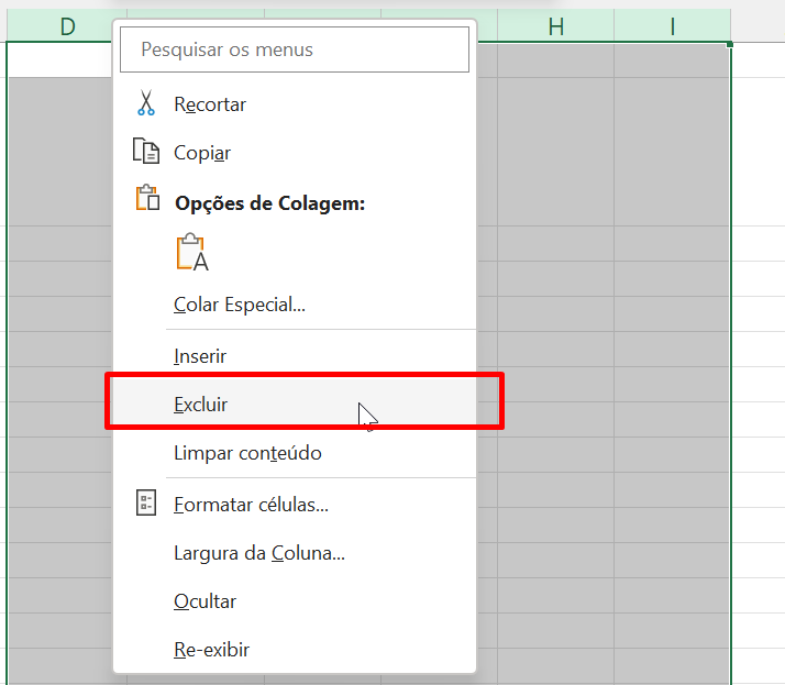Linhas e Colunas no Excel, excluir colunas