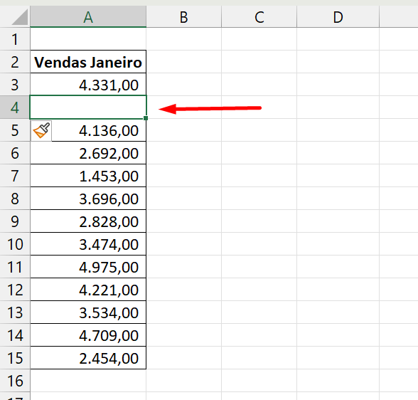 Linhas e Colunas no Excel, linha inserida