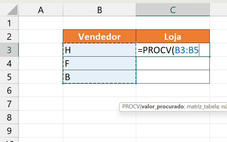 tabela de excel com duas colunas vendedor e loja e fórmula do procv
