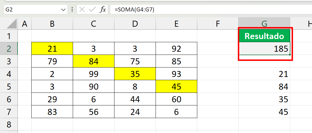 tabela do excel com fórmula com resulta das somas em diagonais