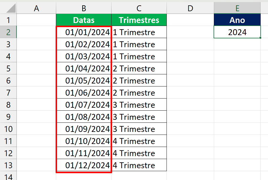 Trimestre no Excel 365, datas