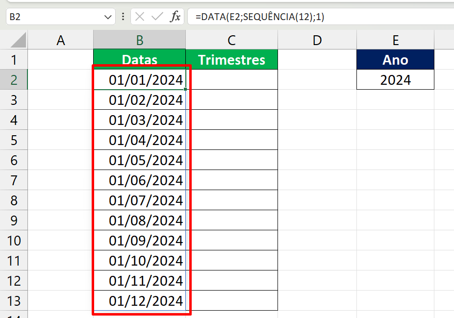 Como Separar o Primeiro Dia do Mês por Trimestre no Excel 365 - Trimestre no Excel 365, resultado datas