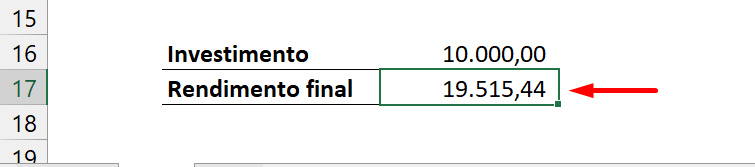 Calcular Rendimentos no Excel, resultado rendimento final