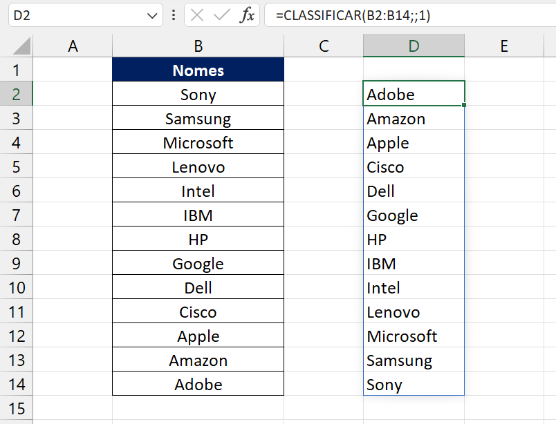 Classificar Dados no Excel 365, resultado da função classificar
