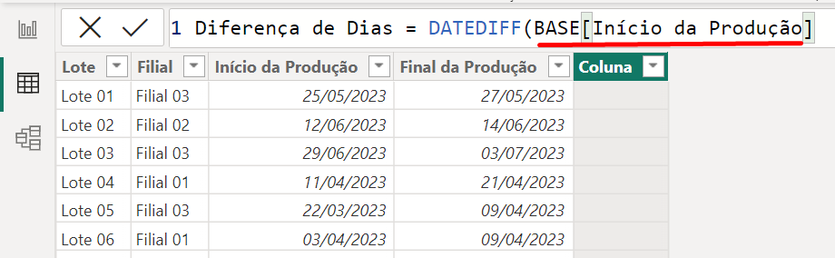 DATEDIFF no POWER BI, data inicial