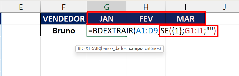 Função BDEXTRAIR no Excel, campos