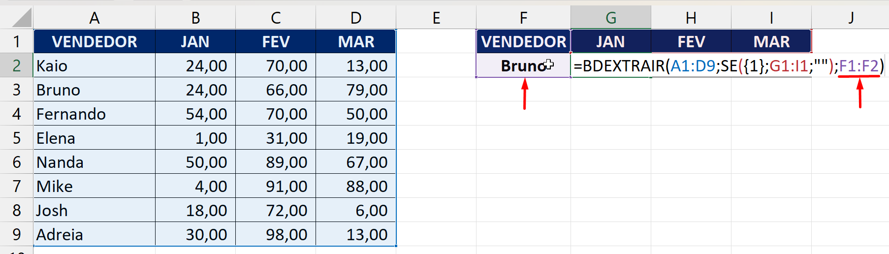 Função BDEXTRAIR no Excel, critérios