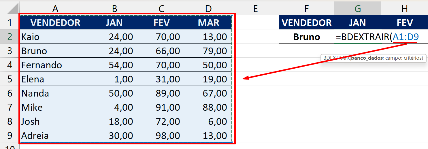 Função BDEXTRAIR no Excel, tabela