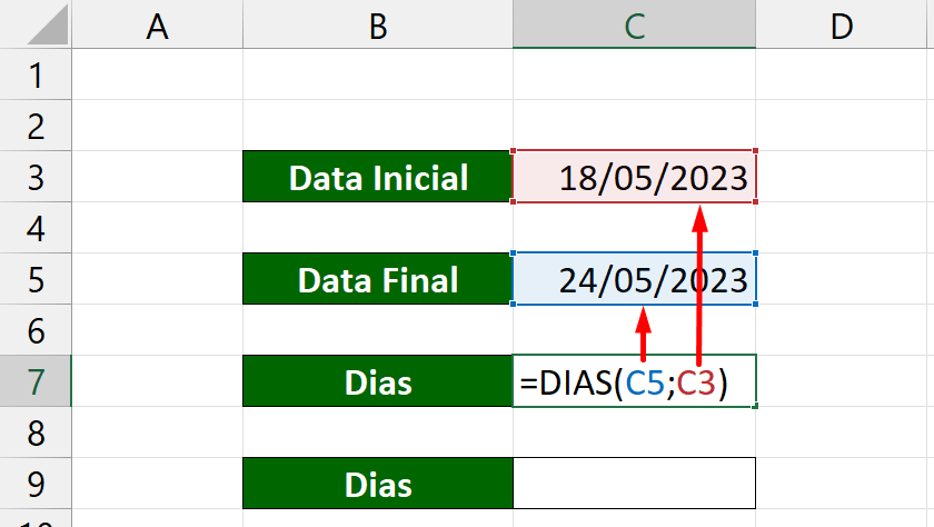 Função DIAS no Excel, datas