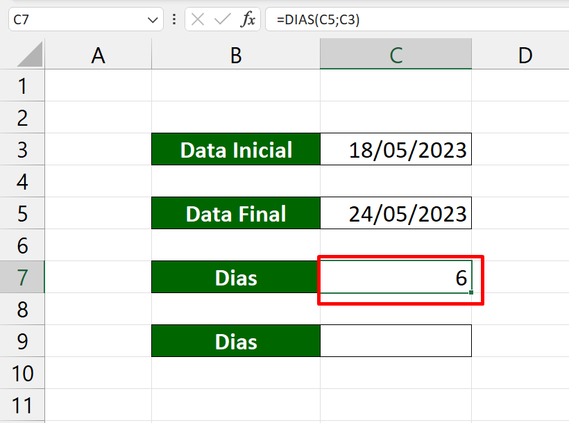 Função DIAS no Excel, resultado dias