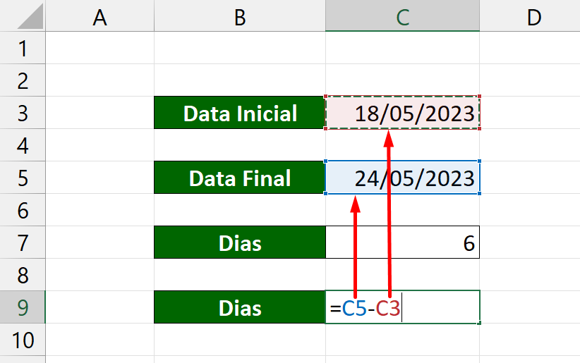 Função DIAS no Excel, subtração