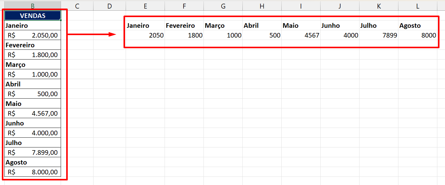 Função QUEBRACOLS no Excel 365, exemplo do resultado
